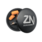 Zero Noise ZN earplugs in a black round case with orange foam tips, designed for noise reduction and hearing protection.