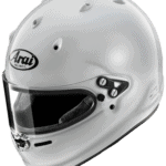 Arai GPV-R race helmet in white with black branding and ventilation features, designed for high-performance motorsport safety.