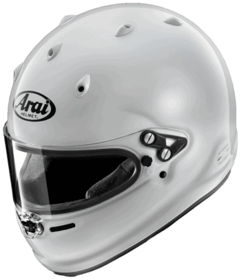 Arai GPV-R race helmet in white with black branding and ventilation features, designed for high-performance motorsport safety.
