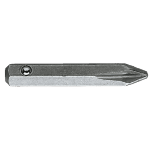 Close-up of a screw bit for Pozidriv screws, ED.0X2 size, made of durable metal for precision fastening.
