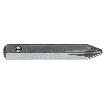 Close-up of a screw bit for Pozidriv screws, ED.0X2 size, made of durable metal for precision fastening.