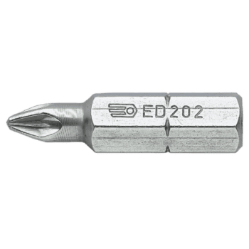 Close-up of a Facom ED.2 standard bits series 2 Pozidriv screwdriver bit in metallic finish.