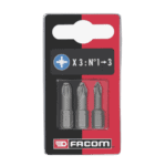 Facom set of 3 high-performance Pozidriv screwdriver bits for precise screw driving tasks.