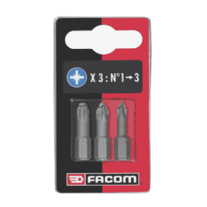 Facom set of 3 high-performance Pozidriv screwdriver bits for precise screw driving tasks.