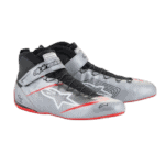 High-performance racing shoes from Grand Prix Racewear featuring a sleek silver and black design with red accents and secure fastening system.