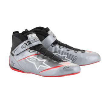 High-performance racing shoes from Grand Prix Racewear featuring a sleek silver and black design with red accents and secure fastening system.