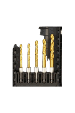 Set of five gold-colored drill bits in a black plastic storage case, used for precision drilling in racing and engineering applications.