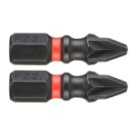 Two Pozidriv screwdriver bits with black and red handles, designed for precision screwdriving tasks.