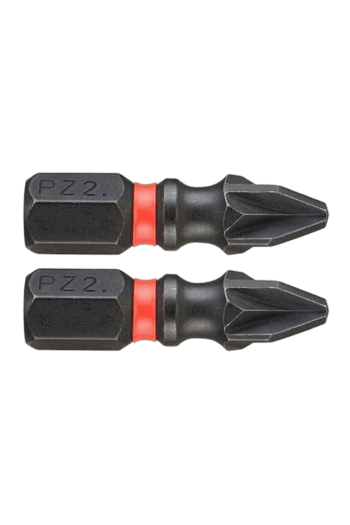 Two Pozidriv screwdriver bits with black and red handles, designed for precision screwdriving tasks.
