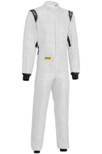 Grand Prix Racewear racing suit in white with black accents, designed for motorsport safety and performance.