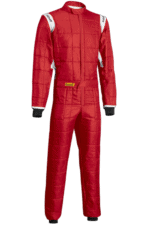 Red Grand Prix Racewear racing suit with white and black accents, designed for motorsport safety and performance.