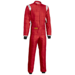 Red Grand Prix racing suit with white and black accents, designed for motorsport safety and performance.