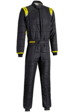 Grand Prix Racewear racing suit in black with yellow accents, designed for motorsport safety and performance.
