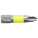Close-up of a Phillips screwdriver bit with a yellow grip, designed for precision screwing tasks.