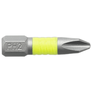 Close-up of a Phillips screwdriver bit with a yellow grip, designed for precision screwing tasks.