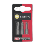 Facom set of 3 high performance Phillips screwdriver bits in a red and black packaging for precision screwdriving.