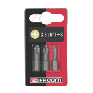 Facom set of 3 high performance Phillips screwdriver bits in a red and black packaging for precision screwdriving.