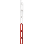 Red and white safety zone marker chain with links hanging vertically against a black background.