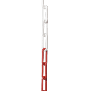 Red and white safety zone marker chain with links hanging vertically against a black background.