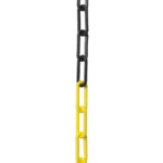 Black and yellow safety zone marker chain with linked segments for hazard marking and safety demarcation.