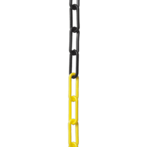 Black and yellow safety zone marker chain with linked segments for hazard marking and safety demarcation.
