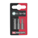 Facom set of 3 series 1 Torx bits T20, T25, T30 in packaging, ideal for automotive and mechanical repairs.