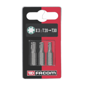 Facom set of 3 series 1 Torx bits T20, T25, T30 in packaging, ideal for automotive and mechanical repairs.