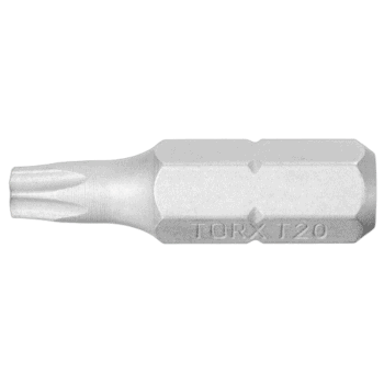 Close-up of a Tamper Resistant Torx Plus screwdriver bit, model T20, used for precision fastening tasks.