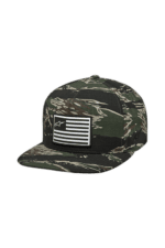 Camouflage cap with American flag patch and Alpinestars logo, ideal for motorsport enthusiasts.