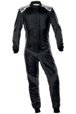 Grand Prix Racewear racing suit in black with white accents, designed for professional motorsport drivers, featuring high-quality materials and safety features.