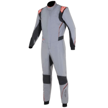 Grand Prix Racewear racing suit in grey with black and red accents, designed for motorsport safety and performance.