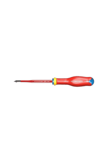 Facom screwdriver with red handle and yellow accents, suitable for precision work and mechanical repairs.