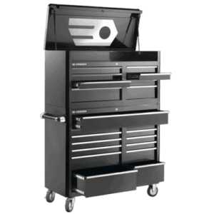Facom US roller cabinet with 13 drawers in black, featuring a lockable top compartment and mobility wheels for workshop use.