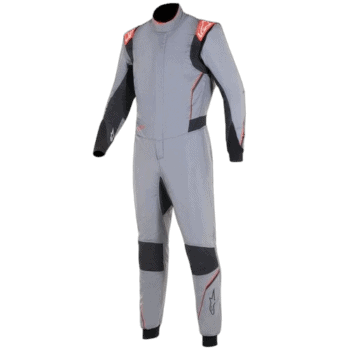 Grand Prix Racewear racing suit in grey with black and red accents, designed for motorsport safety and performance.