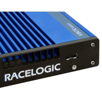 Racelogic VBOX Touch data logger for motorsport and racing applications, blue and black device with ventilation slots.