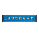 Blue electronic device with multiple ports including power, camera, USB, microphone, and antenna connections, used for race telemetry or data acquisition.