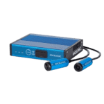 Racelogic racing data logger with blue and black design and wireless connectivity features.