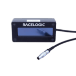 Racelogic racing data logger with touchscreen display and connecting cable for motorsport performance analysis.