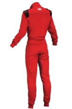 Red Grand Prix Racewear racing suit with OMP logo, designed for motorsport safety and performance.