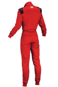 Red Grand Prix Racewear racing suit with OMP logo, designed for motorsport safety and performance.