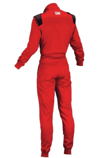 Red Grand Prix Racewear racing suit with OMP logo, designed for motorsport safety and performance.