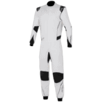 High-quality white and black Grand Prix racing suit designed for professional motorsport drivers.