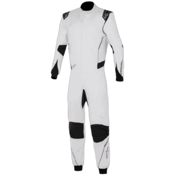 High-quality white and black Grand Prix racing suit designed for professional motorsport drivers.