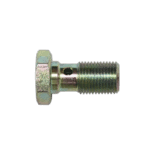 Close-up of a metal banjo bolt used in automotive brake and fuel systems, showcasing its threaded design and hole for fluid passage.