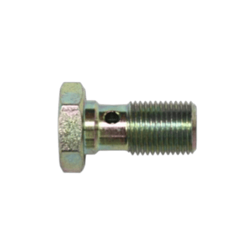 Close-up of a metal banjo bolt used in automotive brake and fuel systems, showcasing its threaded design and hole for fluid passage.