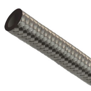 Close-up of a braided nitrile hose used in high-performance automotive applications, showcasing durability and flexibility.