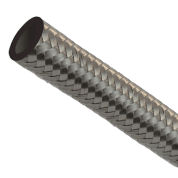 Close-up of a braided nitrile hose used in high-performance automotive applications, showcasing durability and flexibility.