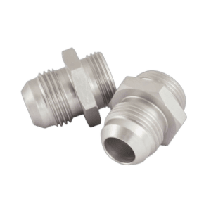 Close-up of aluminium Goodridge Setrab cooler adaptor fittings for automotive cooling systems.
