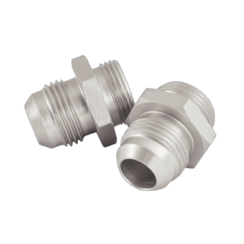 Close-up of aluminium Goodridge Setrab cooler adaptor fittings for automotive cooling systems.