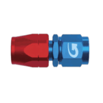Close-up of a Goodridge 200 Series Cutter Fitting Straight Hose in red and blue, used for high-performance automotive fluid connections.